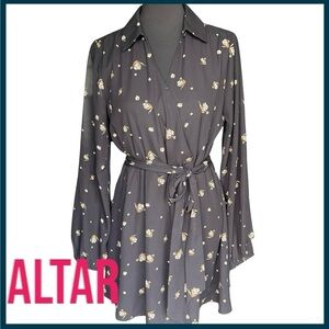Altar Black Tan Floral Long Sleeve V-Neck Collar Waist Tie Belt Mini Dress (L)